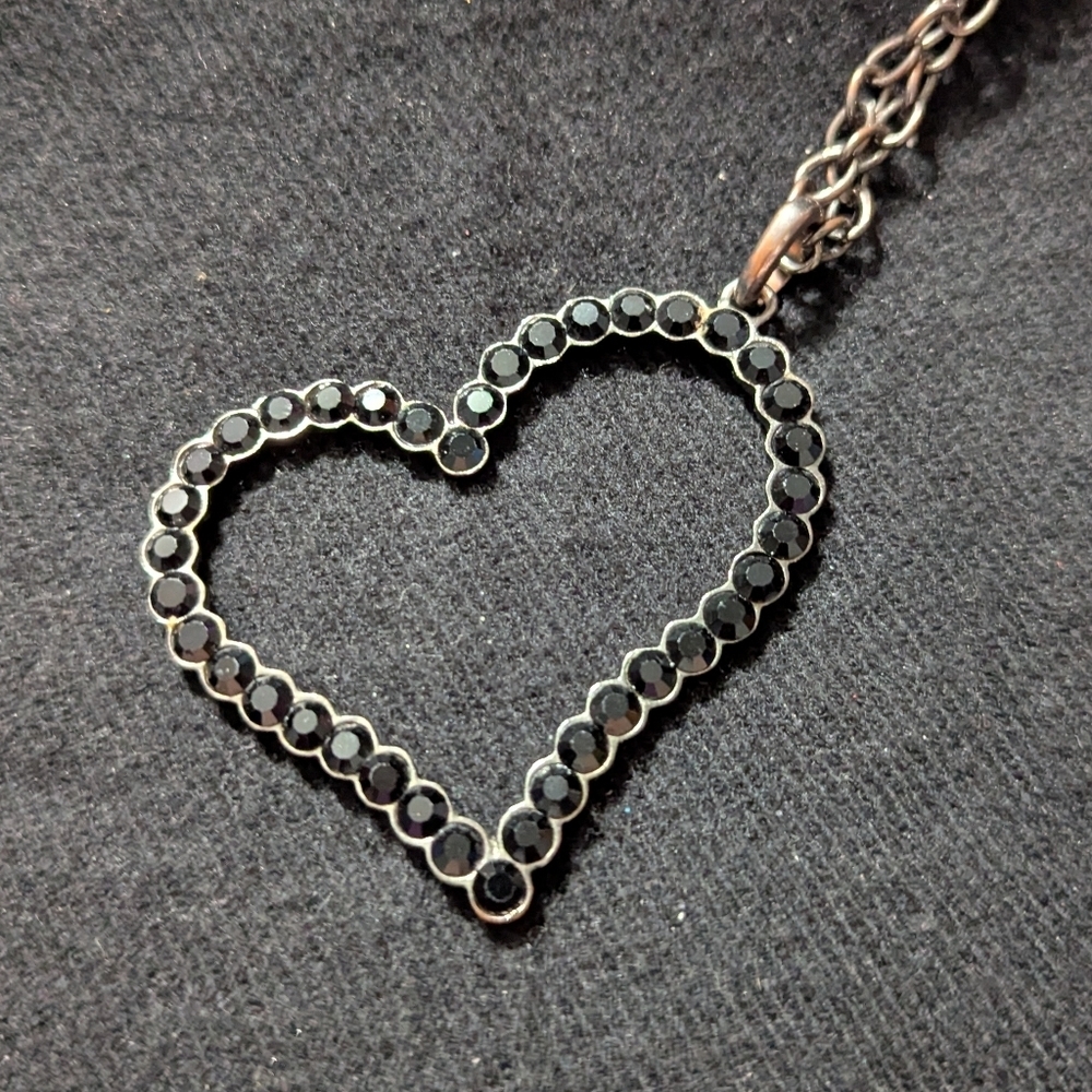Gunmetal Black With Black Rhinestone Heart Pendant Statement Necklace